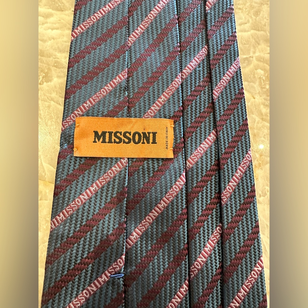 Missoni 100% Silk Purple Teal Striped Logo Formal Tie